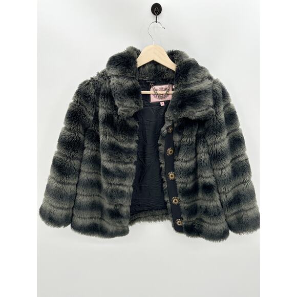 Juicy Couture Jacket Women PETITE Grey Black Faux Fur Long Sleeve Button Front - Picture 1 of 9